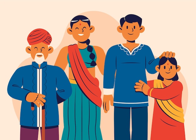 Handgetekende Indiase familieillustratie