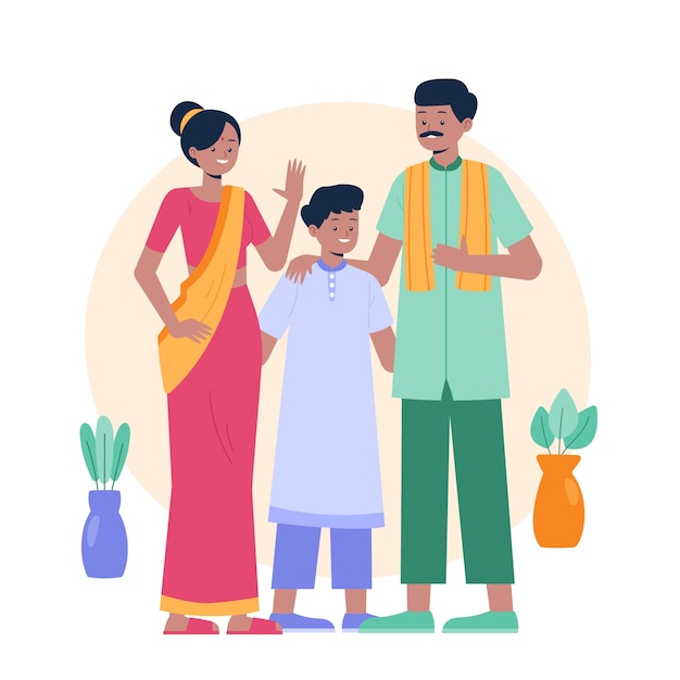 Gratis vector handgetekende indiase familieillustratie