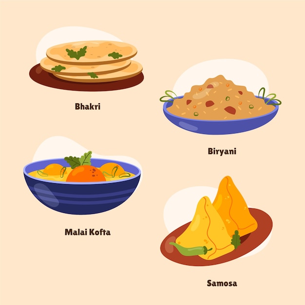 Handgetekende indiase keuken voedingsmiddelen collectie