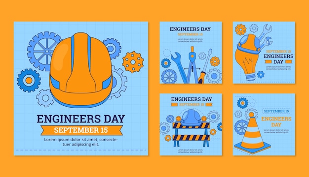 Handgetekende instagram-berichtenverzameling voor de viering van de dag van de ingenieurs