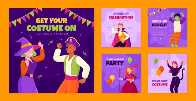 Gratis vector handgetekende instagram-posts voor kostuumfeesten