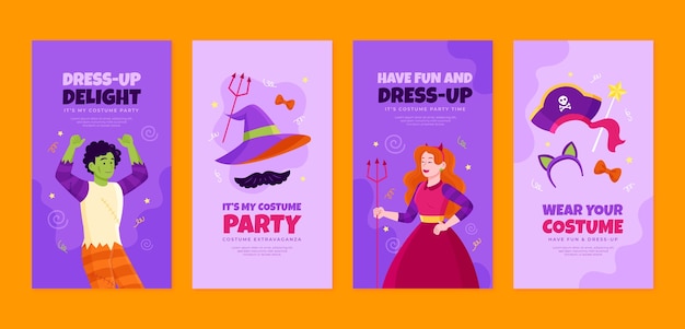 Gratis vector handgetekende instagram-verhalen over kostuumfeesten