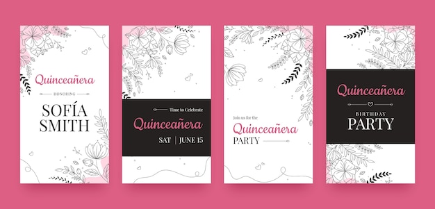 Gratis vector handgetekende instagram-verhalen voor de quinceanera-viering