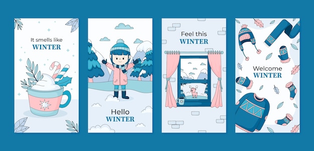 Gratis vector handgetekende instagram verhalencollectie voor de winter