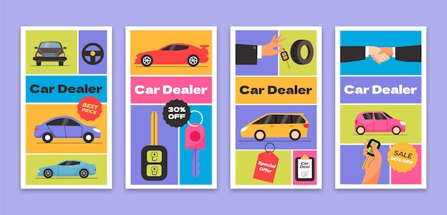 Gratis vector handgetekende instagramverhalen van autodealers