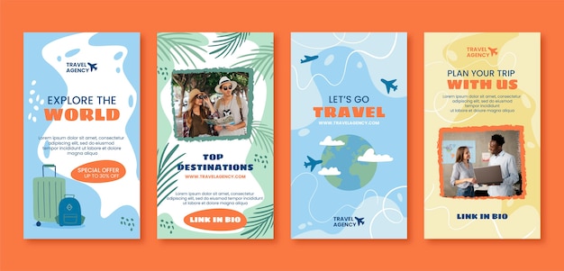 Gratis vector handgetekende instagramverhalen van reisbureaus
