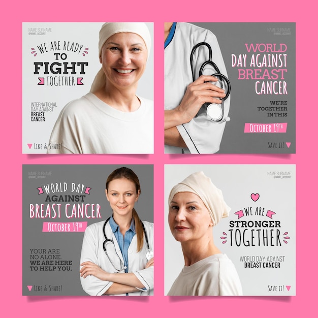 Handgetekende internationale dag tegen borstkanker instagram posts collectie met foto