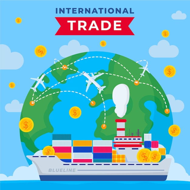 Gratis vector handgetekende internationale handel met schip