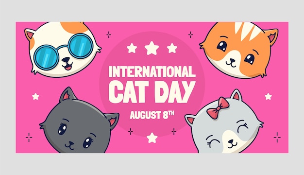 Handgetekende internationale kattendag horizontale bannersjabloon met kattenkoppen