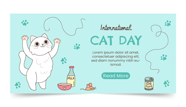 Gratis vector handgetekende internationale kattendag horizontale bannersjabloon met spelende kat