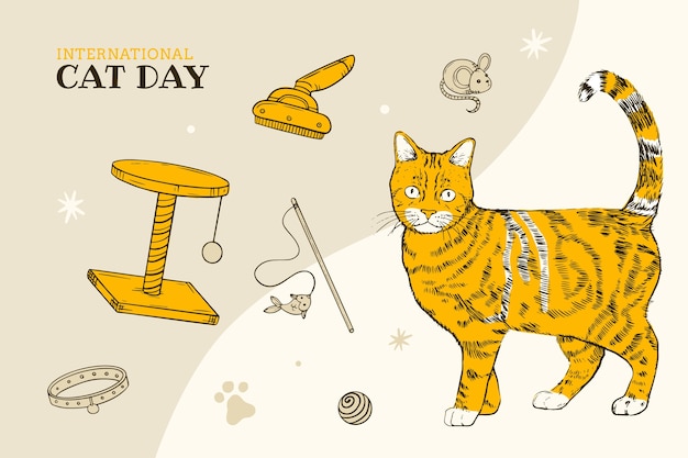 Gratis vector handgetekende internationale kattendagachtergrond met kat en elementen