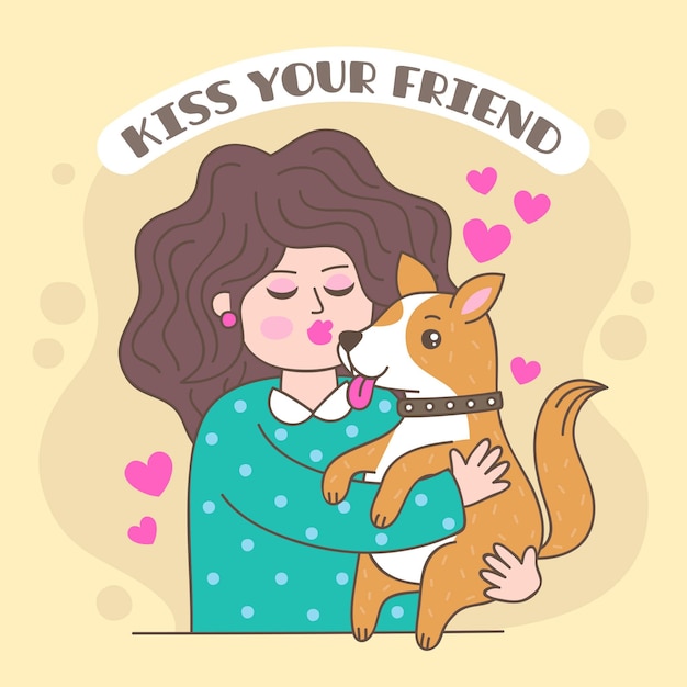 Handgetekende internationale kussende dag illustratie met vrouw en hond
