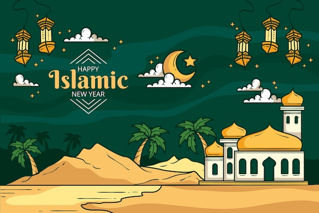 Handgetekende islamitische nieuwjaarsachtergrond met paleis en lantaarns