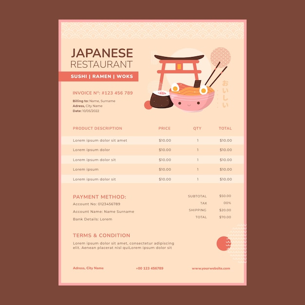 Handgetekende Japanse restaurant factuursjabloon