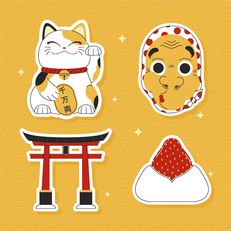 Gratis Vector handgetekende japanse sticker set