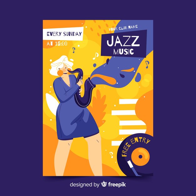 Handgetekende jazzmuziek poster sjabloon