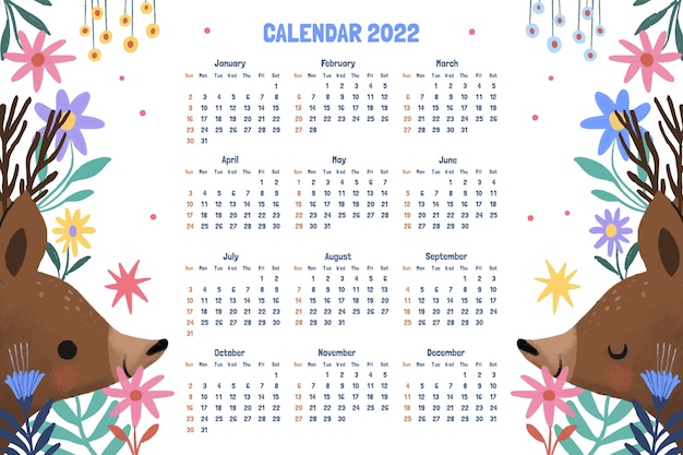 Gratis vector handgetekende kalendersjabloon voor 2022