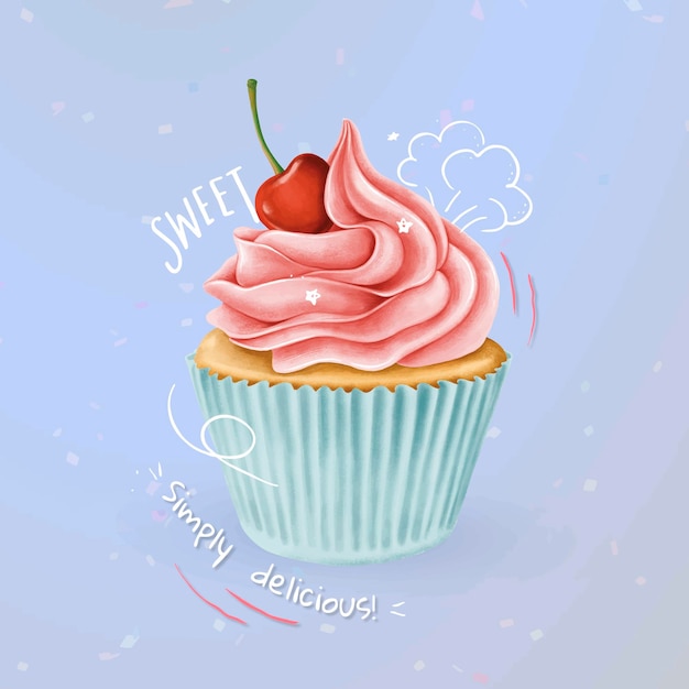 Handgetekende kersen cupcake vector