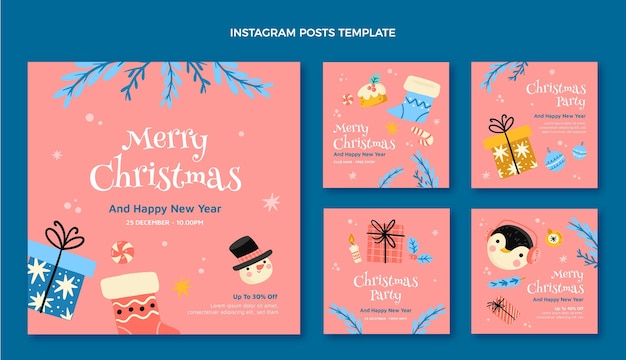 Gratis vector handgetekende kerst instagram posts collectie