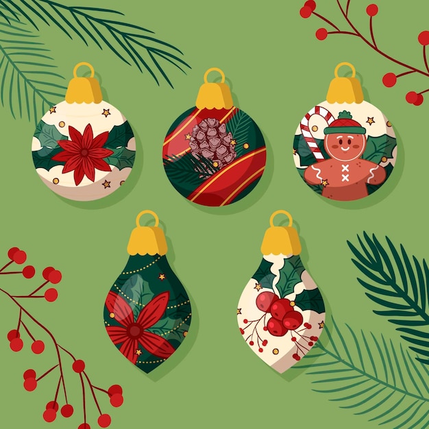 Gratis vector handgetekende kerstbal ornamenten collectie