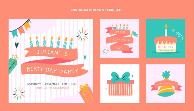 Gratis vector handgetekende kinderlijke verjaardag instagram posts