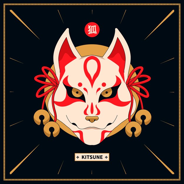 Handgetekende kitsune-maskerillustratie