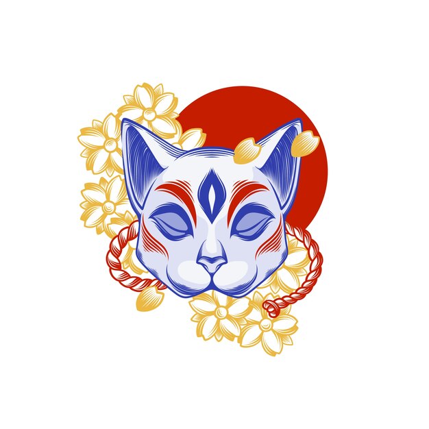 Handgetekende kitsune-maskerillustratie