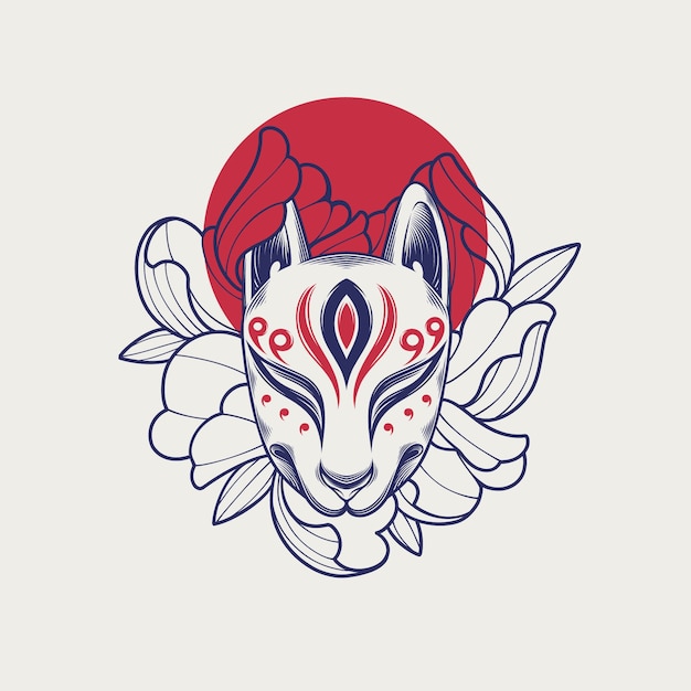 Handgetekende kitsune-maskerillustratie