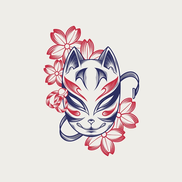 Handgetekende kitsune-maskerillustratie