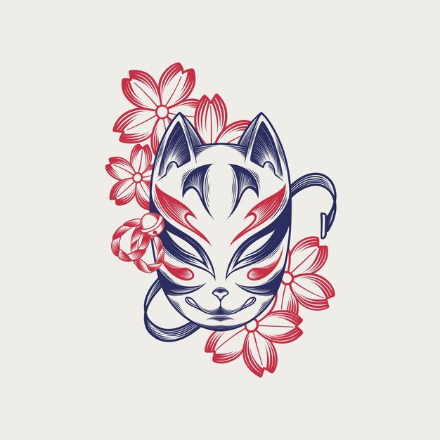 Handgetekende kitsune-maskerillustratie