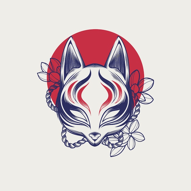 Handgetekende kitsune-maskerillustratie