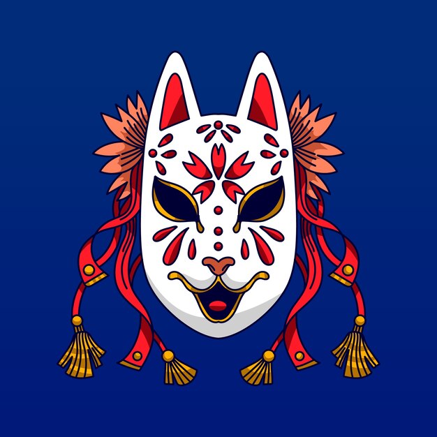 Handgetekende kitsune-maskerillustratie