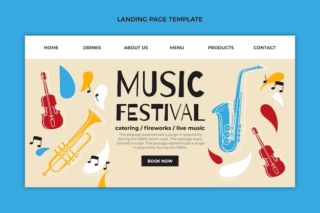 Gratis vector handgetekende kleurrijke bestemmingspagina voor muziekfestivals