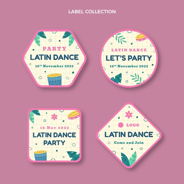 Gratis vector handgetekende kleurrijke latin dance party labels collectie