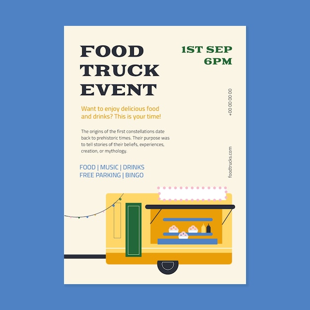 Gratis vector handgetekende kleurrijke muziek & food trucks evenement flyer-sjabloon