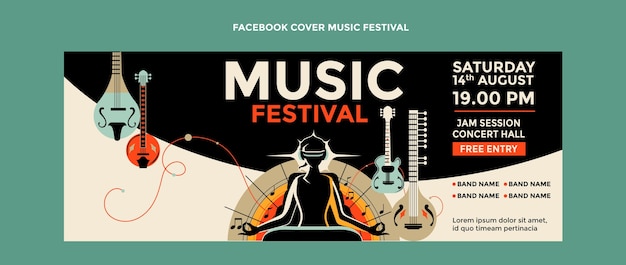 Handgetekende kleurrijke muziekfestival facebook cover