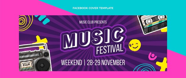 Handgetekende kleurrijke muziekfestival facebook cover
