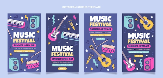 Gratis vector handgetekende kleurrijke muziekfestival ig verhalen