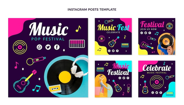 Gratis vector handgetekende kleurrijke muziekfestival instagram-berichten