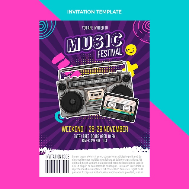 Gratis vector handgetekende kleurrijke muziekfestivaluitnodiging