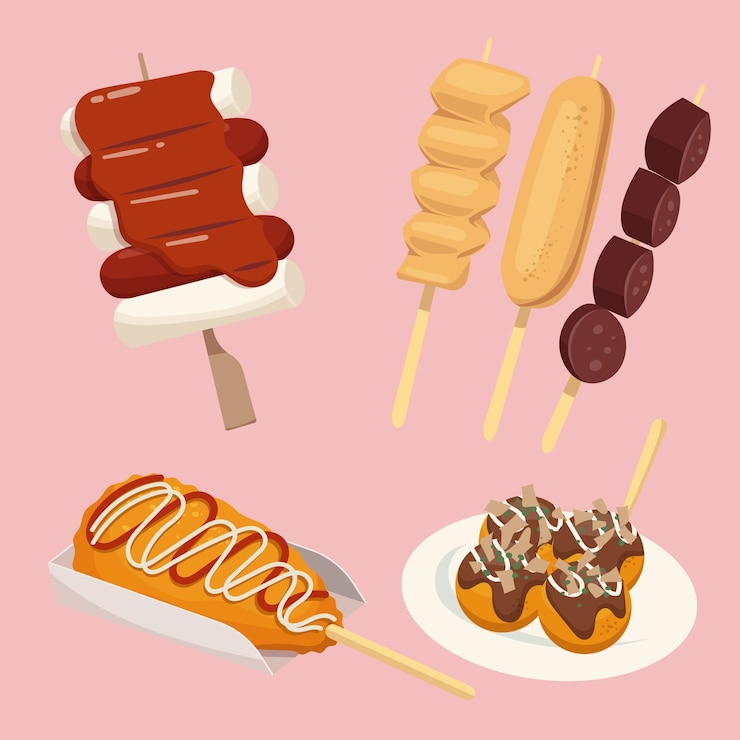 Gratis Vector handgetekende koreaanse verzameling van straatvoedselelementen