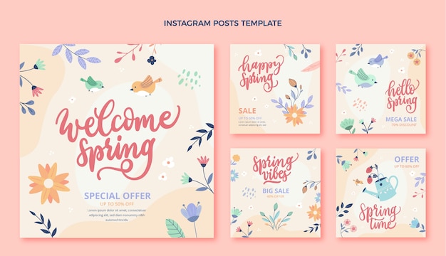 Gratis vector handgetekende lente instagram posts collectie