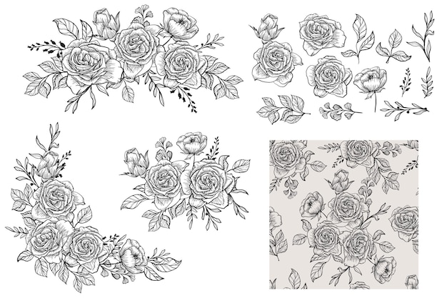 Handgetekende lijntekeningen roos arrangement geïsoleerd en naadloos patroon