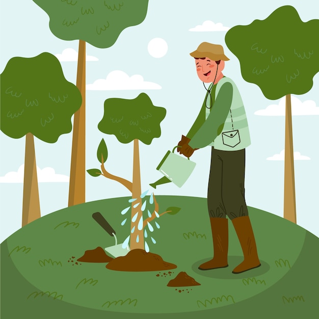 Gratis vector handgetekende man die boomillustratie plant