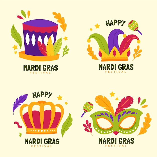 Gratis vector handgetekende mardi gras badges collectie