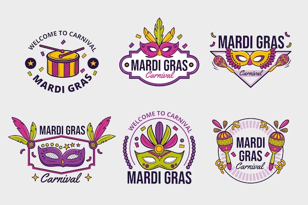 Gratis vector handgetekende mardi gras badges collectie