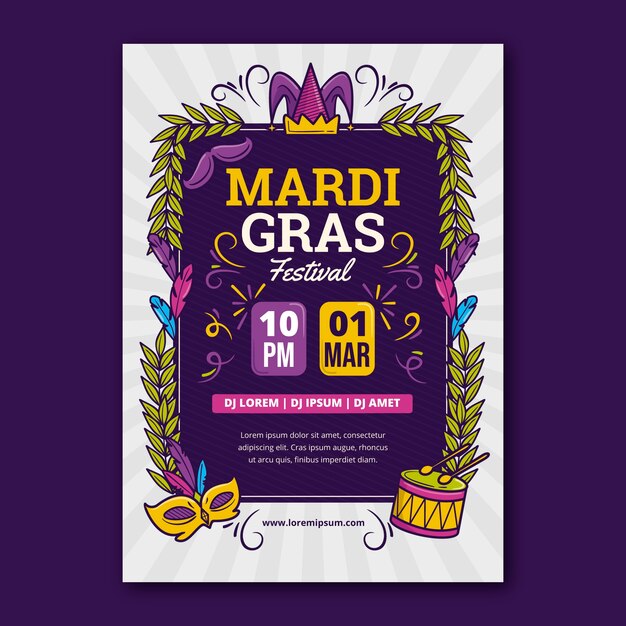 Handgetekende mardi gras verticale postersjabloon