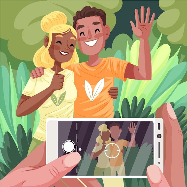 Gratis vector handgetekende mensen die foto's maken met smartphone