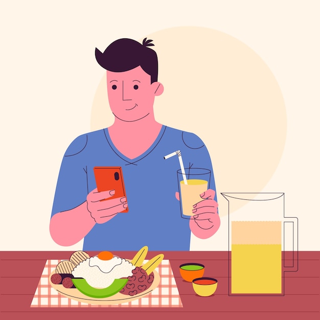 Handgetekende mensen die foto's maken van voedselillustratie