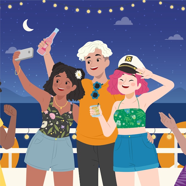 Handgetekende mensen op bootfeestillustratie